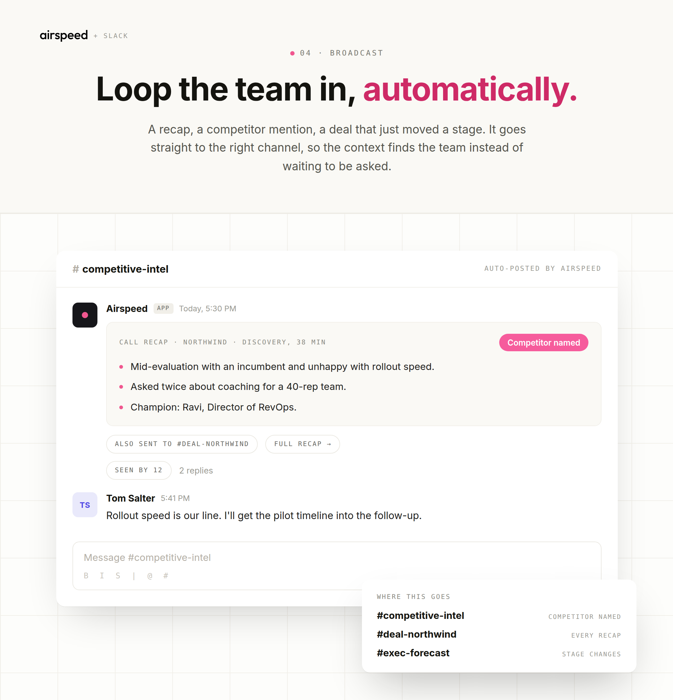 Loop the team in, automatically Airspeed auto-posts a call recap to the #competitive-intel Slack channel