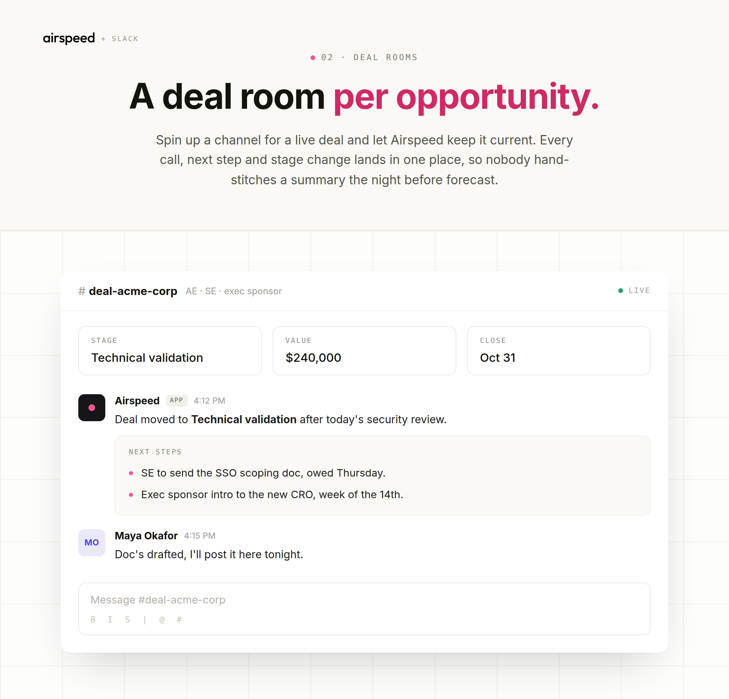 A deal room per opportunity A live Airspeed deal room in the #deal-acme-corp Slack channel