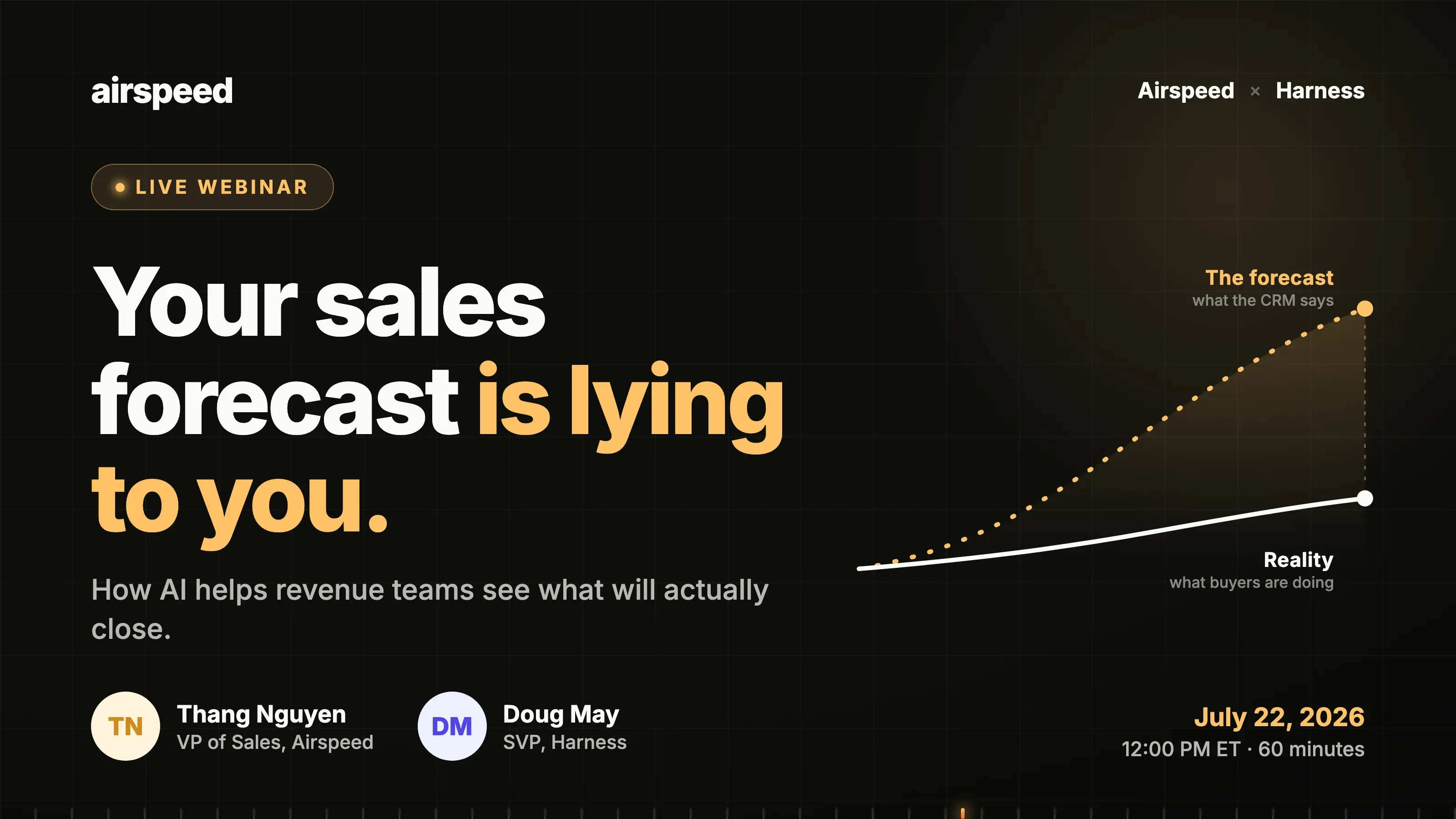 Why your sales forecast is lying to you (and what to do about it). Tuesday 28 July 2026 · 12:00-1:00 PM ET · Live Webinar Tuesday 28 July 2026 · 12:00-1:00 PM ET · Live